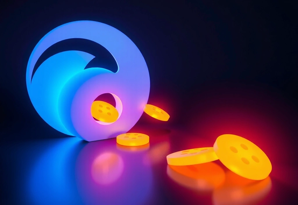 A detailed illustration of digital cookies represented as small, round, glowing data packets flowing into a stylized web browser icon, symbolizing data storage and website functionality.